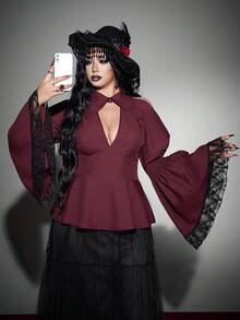 Whyspr Gothic Style Halloween Fashion Flared Sleeve Dark Red Color Block Sexy Fitted Plus Size Women's Blouse - Red Violet - View 4