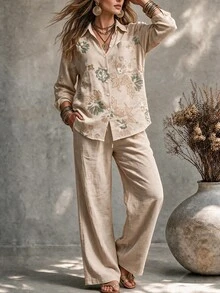 Ceyna Plus Size Women French Casual Soft Form Elegant Long Sleeve Shirt And Pants 2 Pieces Set Autumn Formal Vacation Beige - Apricot - View 5