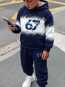 SHEIN 兒童青少年男孩字母與數字印花連帽衛衣與運動長褲休閒日常套裝 - 藍色 - 查看 3