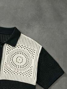 Manfinity LEGND Men's Plus Size Single-Breasted Hollow-Out Contrast Color Knit Top - Black and White - View 4