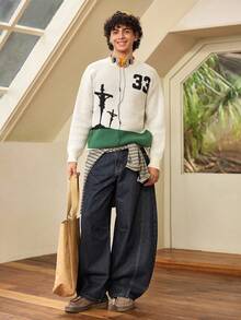 Whitmere ANDREILEE Sweater Pullover Pria Kasual Longgar Warna Polos dengan Pola Angka & Huruf Inggris, Serbaguna untuk Berpergian, Musim Gugur/Dingin - Aprikot - View 3