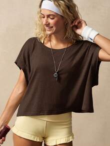 VARSIVA Loose Back Hollow Out Cropped Sports T-Shirt - Coffee Brown - View 3