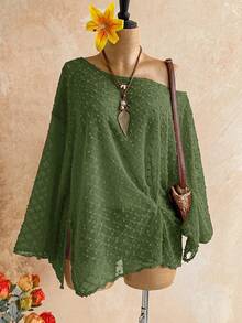 Soleia Long Sleeve Asymmetrical Neck Knit Jacquard Loose Fit Slit Top - Dark Green - View 5