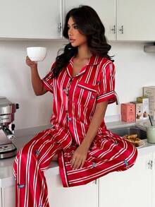 ZzzCrew Red Vertical Stripe Funny Dachshund Print Lapel Pajama Set - Red - View 1