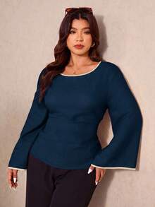 Elaquor Blus Ukuran Plus Elegan untuk Komuter dengan Trim Kontras dan Ikat Pinggang - Navy Blue - View 6