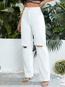 SHEIN ICON 高腰破洞直筒牛仔褲 - 白色 - 查看 6