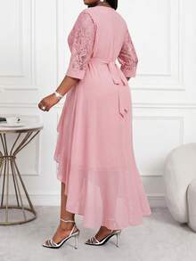 SHEIN Lady Elegantes Midi-Kleid Große Größen für Damen, rosa, mit Spitze, Stickerei, Cut Out Ärmeln, Rüschen und Lagen, für Herbsthochzeiten, Abendveranstaltungen, Gäste, Ninang, Business und Lehrer - Altrosa - Übersicht 2