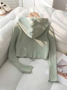 Tween Girl Solid Color Long Sleeve Zip-Up Hooded Knit Cardigan - Green - View 2