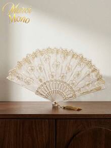 White Cherry Blossom Hand Fan With Gold Foil Print, Suitable For Home Use - multicolor - View 1