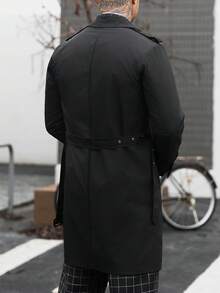 Manfinity CasualCool 男士雙排扣黑色秋季優雅晚宴風衣，簡約缺口領長版大衣，適合送給丈夫或男友的週年紀念禮物 - 黑色 - 查看 2