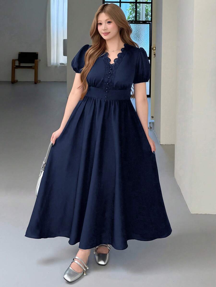 Bijouette 大尺碼優雅夏季純色花瓣短袖洋裝,海軍藍婚禮高茶會正式賓客早午餐約會之夜茶會晚宴 - 藏蓝色 - 查看 1