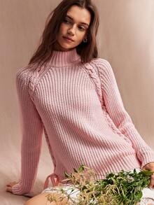 Willow Rêve Women's Baby Pink Rib-Knit Long Sweater Top With Turtleneck, Long Sleeves And Ribbon Side Ties, Cute Autumn Everyday Date Night Style,Cute Tops - Baby Pink - View 6
