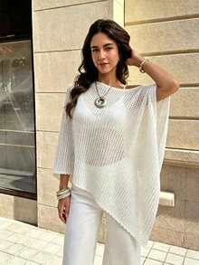 Franclia Solid Color Hollow Knit Asymmetrical Hem Sweater - White - View 4