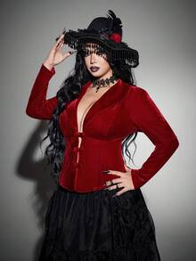 Whyspr Spring/Autumn/Winter Red Button Velvet Fabric High-End Romantic Sexy Elegant Exquisite Fashion Design Niche Design Deep V-Neck New Must-Have Daily Wear Plus Size Women's Jacket Halloween Gothic Style - Red - View 4