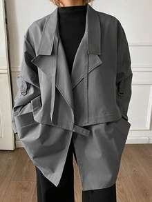 DAZY Jaket Trench Coat Kasual Urban Lengan Panjang Longgar Berkerah untuk Wanita, Musim Gugur - Dark Grey - View 2