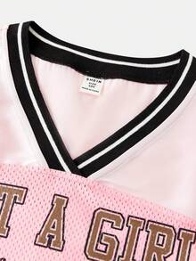 SHEIN Girlism Tween Girls Y2K 休闲街头服饰豹纹蝴蝶结标语图案印花网眼拼接 V 领宽松短袖针织 T 恤，粉色 - 粉色 - 查看 4