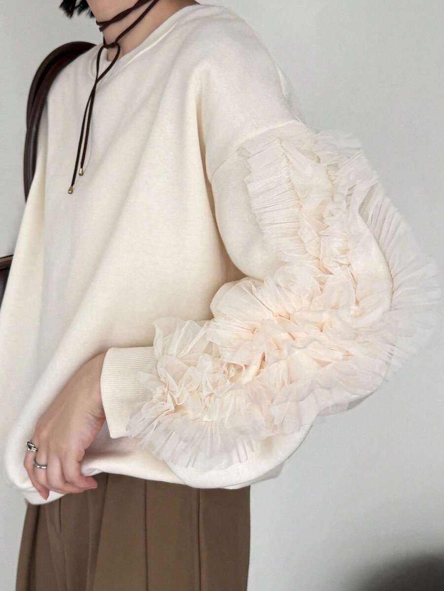 FRIFUL Women's Early Autumn New Korean Style Patchwork Sheer Mesh Ruffle Pleated Sweatshirt - Beige - View 1