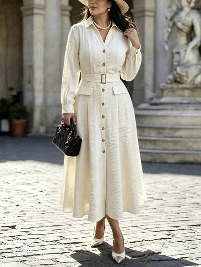 Velvienne Plus Size Women's Woven Regular Fit Autumn/Winter French Vintage Commuter Premium Beige Linen Lapel Single-Breasted Cinched Waist No Belt Long Sleeve Full Skirt Minimalist Elegant Dress