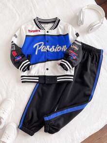 SHEIN Playful Pals 2件組男童秋冬時尚街頭風學院風休閒藍黑白拼色字母印花賽車棒球夾克搭配鬆緊腰長褲運動套裝，適合日常穿著與多種場合 - 藍白色 - 查看 10