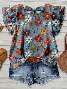 EMERY ROSE Plus Size Women's Blue Boho Summer Vacation Holiday Elegant Loose Blouse,Hand-Painted Crayon Floral Double-Layer Flutter Sleeve Bowknot Back Design - Multicolor - View 3