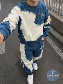 2件組 青少年男孩時尚極簡舒適圓領衛衣與運動長褲套裝，酷炫滿版印花設計，英文字母印花，適合假期派對聚會，休閒舒適，5-15°男孩春秋冬首選，街頭風，返校與派對休閒穿搭 - 彩色 - 查看 3