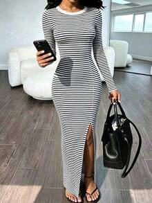 Rovax Blue & White Striped Fitted Women's Slit Dress - Multicolor - View 1