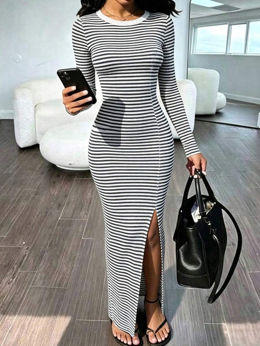 Rovax Blue & White Striped Fitted Women's Slit Dress - Multicolor - View 1