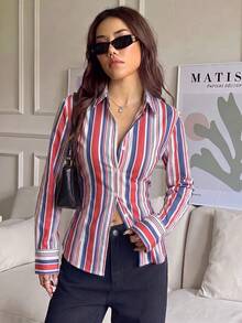 SHEIN EZwear Chemise ajustée à manches longues pour femme, style Old Money décontracté, rayures bleues et blanches, boutons devant, taille cintrée à l'arrière, pour vacances, bureau, affaires, automne - Multicolore - Voir 3