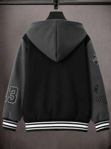 SHEIN 男童秋季抓絨內裡長袖連帽夾克，黑灰拼接連帽抓絨棒球夾克，LA字母印花搭配多款美式標語印花，寬鬆落肩版型，幼童上學旅行復古風兒童夾克，校園夾克，戶外夾克 - 黑色 - 查看 2