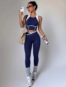 SHEIN Dewbera 1 Set Navy Blue White Contrast Seamed Racerback Sports Set, Slim Fit, Suitable For Yoga, Fitness, Workout, Summer - Navy Blue - View 1