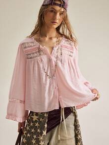 SHEIN New French Vintage Lace Blouse For Women, Round Neck, Long Sleeve, Ruffle Cuff, Loose Fit Doll Top - Pink - View 3