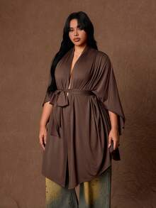 Rustia Jaket Kasual Wanita Ukuran Besar Warna Polos Lengan Kelelawar dengan Ikat Pinggang untuk Musim Gugur - Coklat - View 4