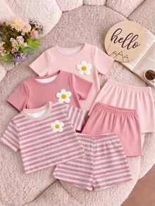 Baby Girl 3pcs -Piece Set Of Short-Sleeved Tee With Shorts Floral Decoration For Casual Everyday Wear - White - View 1