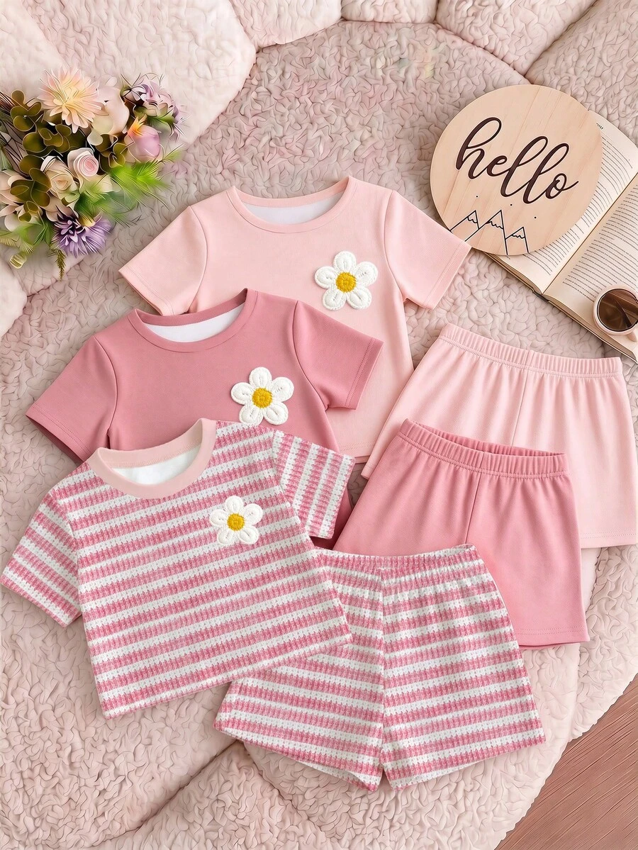 Baby Girl 3pcs -Piece Set Of Short-Sleeved Tee With Shorts Floral Decoration For Casual Everyday Wear - White - View 1