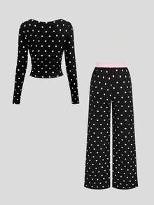 Sweetra Women's New Spring Summer Autumn Winter Black Polka Dot Fabric Colorblock Patchwork Design Bow Decor Cute 2 Pieces Set Suitable For Outings Shopping Dining - Black and White - View 2