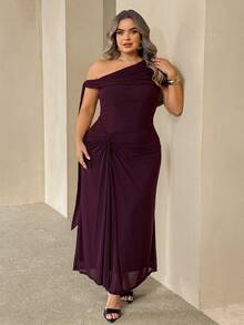 SHEIN CURVE+ Plus Size Elegant Casual Celestial Party Cocktail Formal Evening Dinner Solid Color Asymmetric Neckline Summer 2026 22W Wedding Dark Green - Purple - View 6