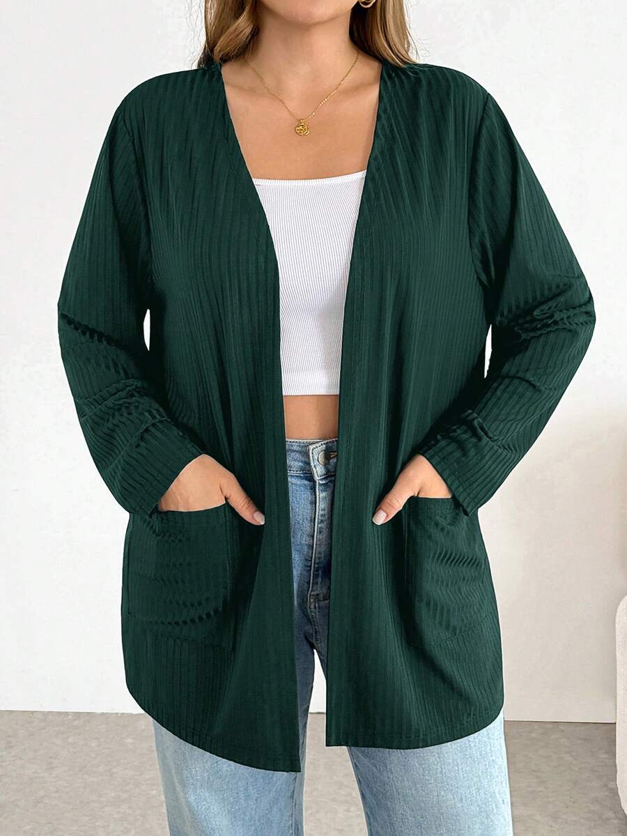 SHEIN Essnce Chaqueta casual versátil de unicolor talla grande - Verde Oscuro - Ver 1