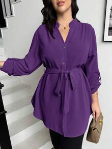SHEIN Essnce 大尺碼女款純色捲袖單排扣休閒襯衫 秋季 - 紫色 - 查看 2
