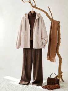 Rusticease Plus Size Women's Solid Color Drawstring Hooded Casual Baggy Business Elegant Everyday Hiking Long Sleeve Jacket Autumn Fall Going Out Teacher Grey - Khaki - View 11