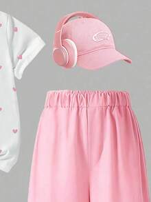 SHEIN 青少年女孩休閒簡約百搭愛心印花T恤與工裝褲兩件套，春/秋季 - 彩色 - 查看 7