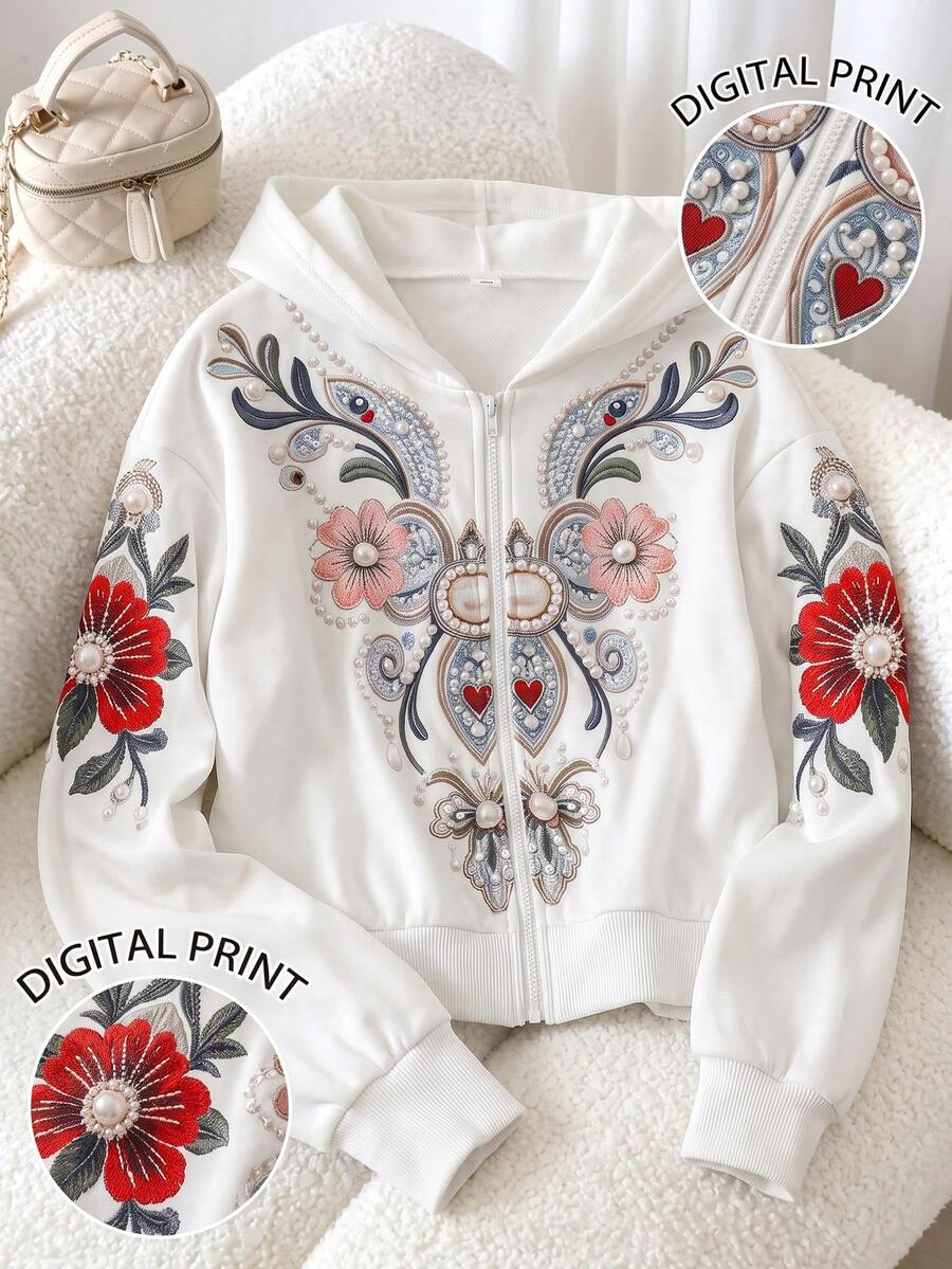 Tween Girls White Floral Print Hoodie Jacket,Casual,Crop, Comfortable,Knit,Jacket,Hoodie, Fall,Loose, Oversized, Long Sleeve, Y2k Zipper Hoodies Jacke - White - View 1