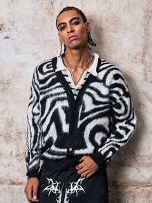 Skyrend Casual Loose V-Neck Long Sleeve Button-Up Cardigan, Zebra Print High Street Style Unisex Top, Suitable For Spring, Autumn And Winter Fall/Autumn/Winter Halloween Grunge - Black - View 7