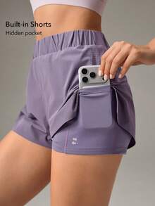 OutZeal Celana Pendek Wanita untuk Aktivitas Luar Ruangan, Warna Polos, Musim Panas, Lari, Mendaki, Berkemah, Desain 2-in-1, Celana Pendek Terintegrasi - Purple - View 4