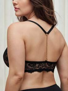 Bralution Black Underwire Molded Cup Bra, High Support, Push-Up Lift, Chain Decor, Lace Patchwork, Shiny, Front Closure, Romantic Elegant, Plus Size - Black - View 1