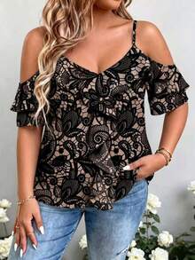 SHEIN LUNE CURVE Plus Size Black Cold Shoulder Ruffle Top – Sexy Boho Thin Strap V-Neck Pleated Short Top, Designed For Curvy Women Vacation Summer - Black - View 5