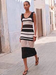 Maija Women's Colorblock Striped Hollow Knit Dress - Black and White - View 3