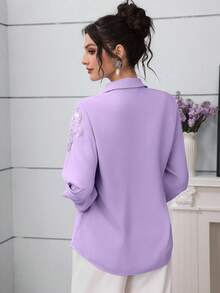 Modelyn 优雅蓝色串珠花卉落肩袖时尚女式衬衫 - 紫色 - 查看 2