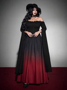 Whyspr Elegant Off Shoulder Gradient Lace Trim Patchwork Plus Size Dress, Dark Style Halloween Outfit, Elegant Gradient Color Dress Halloween Goth Fall - Black - View 5