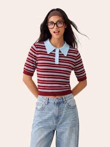 Comfortcana Women's Striped Short Sleeve Polo Collar Casual Knit Top - Multicolor - View 8