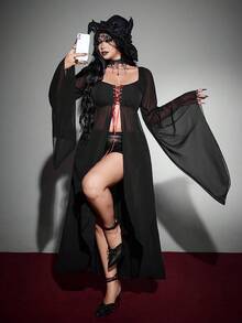 Whyspr Kemeja Panjang Gaya Gothic Halloween Seksi Leher V Ukuran Besar dengan Blok Warna dan Tali Tipis - Hitam - View 6